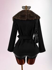 SHEIN ICON Áo khoác dáng dài nữ cổ lông thú bo eo - màu đen - Xem 2