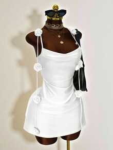 Mistrie Romantic Elegant Bachelorette Party Garden Party Night Out White Halter Neck Dress, 3D Rose Decor Slim Fit Bodycon Mini, Sexy Backless Ruched Wedding - White - View 5