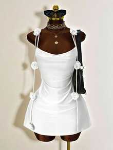 Mistrie Romantic Elegant Bachelorette Party Garden Party Night Out White Halter Neck Dress, 3D Rose Decor Slim Fit Bodycon Mini, Sexy Backless Ruched Wedding - White - View 3