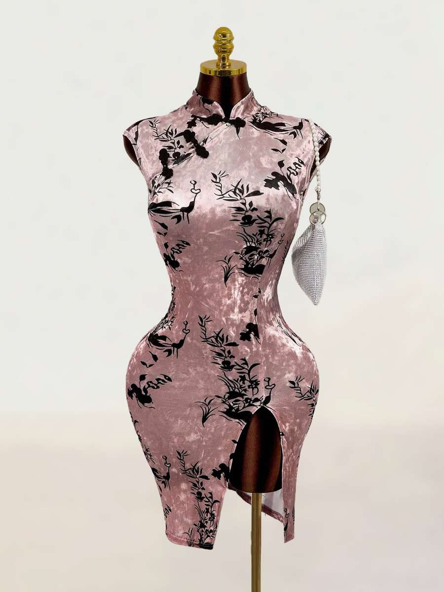Mistrie Women's Printed Velvet Chinese Style Dress - Pink - View 1