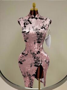 Mistrie Women's Printed Velvet Chinese Style Dress - Pink - View 3