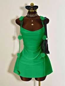 Mistrie Romantic Party Red Halter Neck Dress, 3D Rose Decor Fitted Bodycon Mini Dress, Sexy Backless Ruched Design, Date Night Evening Party Hot Girl Style Body-Hugging Dress - Aqua Green - View 4