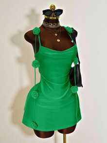 Mistrie Romantic Party Red Halter Neck Dress, 3D Rose Decor Fitted Bodycon Mini Dress, Sexy Backless Ruched Design, Date Night Evening Party Hot Girl Style Body-Hugging Dress - Aqua Green - View 6