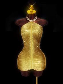 Zolique Women's Solid Color Backless Sexy Fitted Halter Neck Dress - Gold - View 1