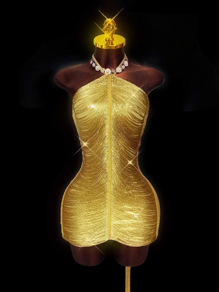 Zolique Women's Solid Color Backless Sexy Fitted Halter Neck Dress - Gold - View 1