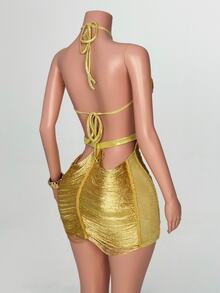 Zolique Women's Solid Color Backless Sexy Fitted Halter Neck Dress - Gold - View 6