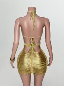 Zolique Women's Solid Color Backless Sexy Fitted Halter Neck Dress - Gold - View 2