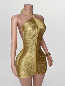 Zolique Women's Solid Color Backless Sexy Fitted Halter Neck Dress - Gold - View 5