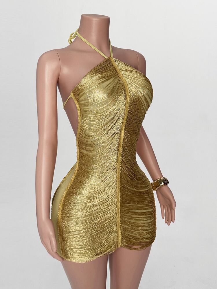Zolique Women's Solid Color Backless Sexy Fitted Halter Neck Dress - Gold - View 5