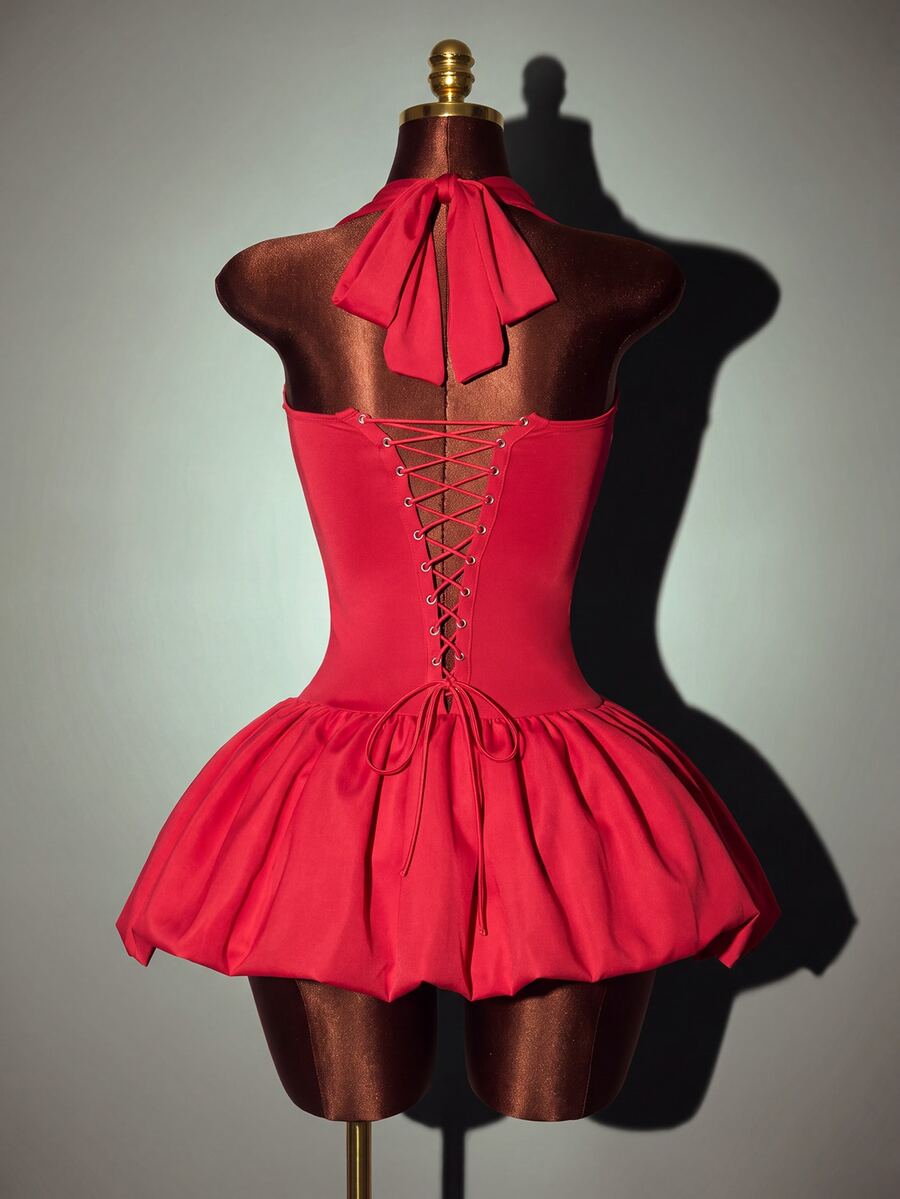 Mistrie Sexy Halter Corset Lace‑Up Back Bud Bubble Hem Mini Night Out Dress