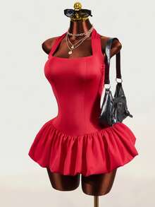 Mistrie Sexy Halter Corset Lace‑Up Back Bud Bubble Hem Mini Night Out Dress - Red - View 8