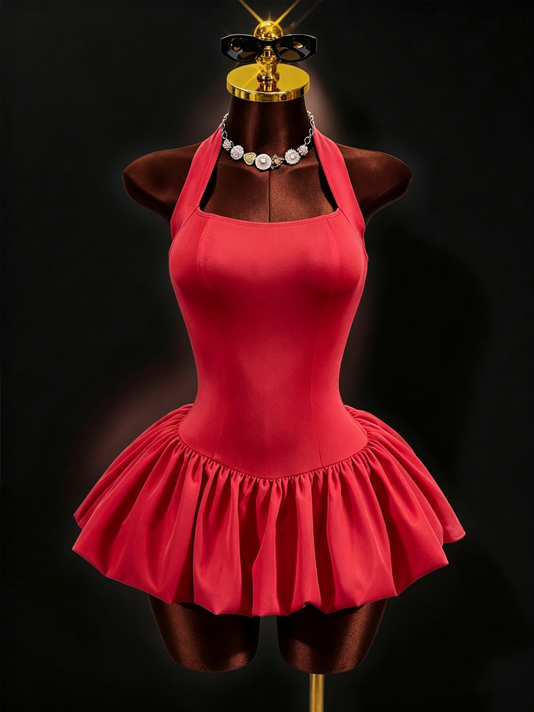 Mistrie Sexy Halter Corset Lace‑Up Back Bud Bubble Hem Mini Night Out Dress - Red - View 3