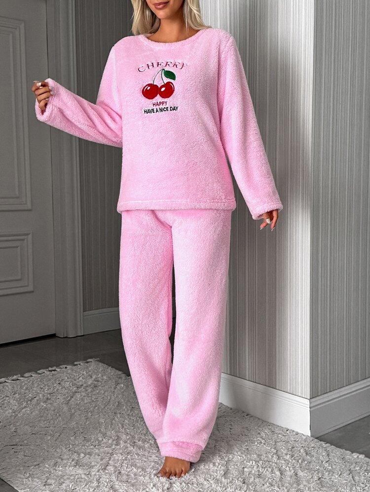 SHEIN Cottnline Women Wellsoft Cherry & Slogan Real Embroidery Long Sleeve Long Pants Casual Sleep Lounge Pajama Set - Pink - View 5