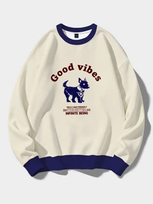 Chillumni Men's American Retro Colorblock Dog Letter Print Crew Neck Sweatshirt, Fun Dog Letter Graphic Casual Loose Long Sleeve Top - Multicolor - View 1