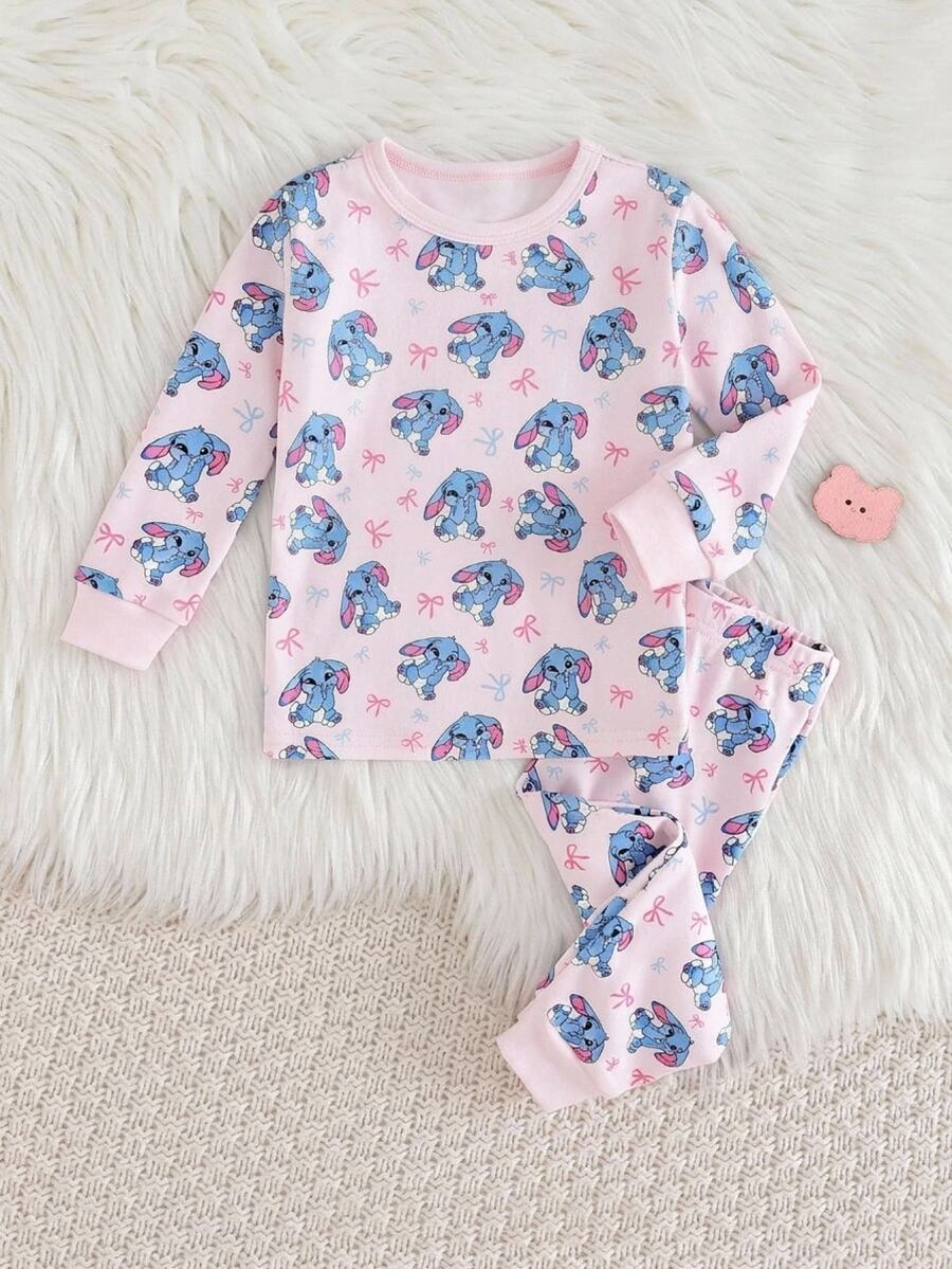 SHEIN Kids Young Girl Young Girl Young Girl Comfortable Fashionable Cartoon Pattern Long Sleeve Long Pants 2 Pieces Set Loungewear Snug Fit - Apricot - View 1