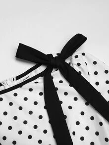SHEIN Serisse Kids Tween女孩春秋新款時尚休閒針織波點印花拼色蝴蝶結裝飾圓領長袖收腰抓皺下擺蕾絲飾邊長洋裝，派對穿搭，日常穿著 - 白色 - 查看 8