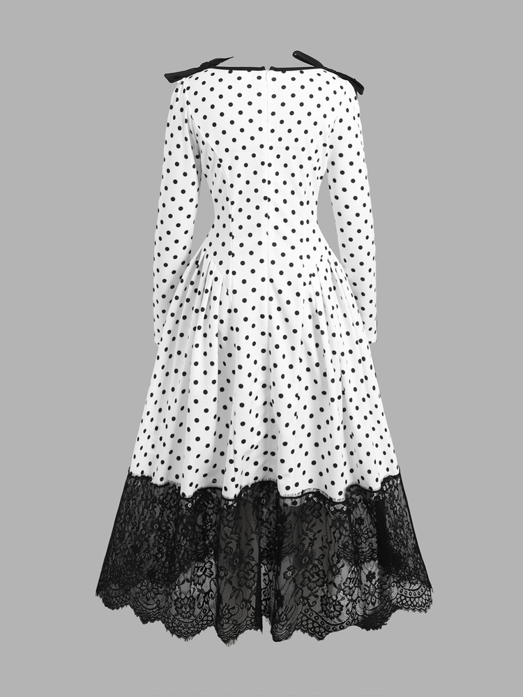 SHEIN Serisse Kids Tween Girl Spring Autumn New Fashion Casual Knitted Polka Dot Print Colorblock Bow Decor Round Neck Long Sleeve Cinched Waist Ruched Hem Lace Trim Long Dress, Party Outfit, Daily Wear - White - View 7