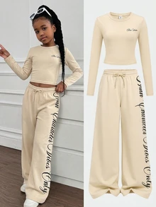 SHEIN طقم كاجوال من قطعتين للبنات المراهقات الصغيرات، تي شيرت بطبعة حروف وياقة دائرية وأكمام طويلة مع بنطال واسع الساق - لون مشمشي - مشاهدة 14