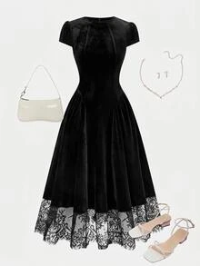 Girlism Teen Girls Elegant Black Velvet Hem Lace Patchwork Long Dress Dining And Outfits, Black Dress, Fall Dress, Fall Dresses, Fall Outfits, Party Dress - Black - View 1