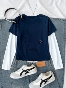 SHEIN 兒童青少年女孩藍白拼色圖案貼布口袋插肩袖七分袖圓領休閒T恤 春秋款 - 藍白色 - 查看 2