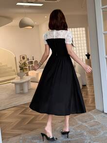 Feyla Elegant Romantic Embroidered Lace Patchwork Women's Dress Date Black And White Summer - Black and White - View 4