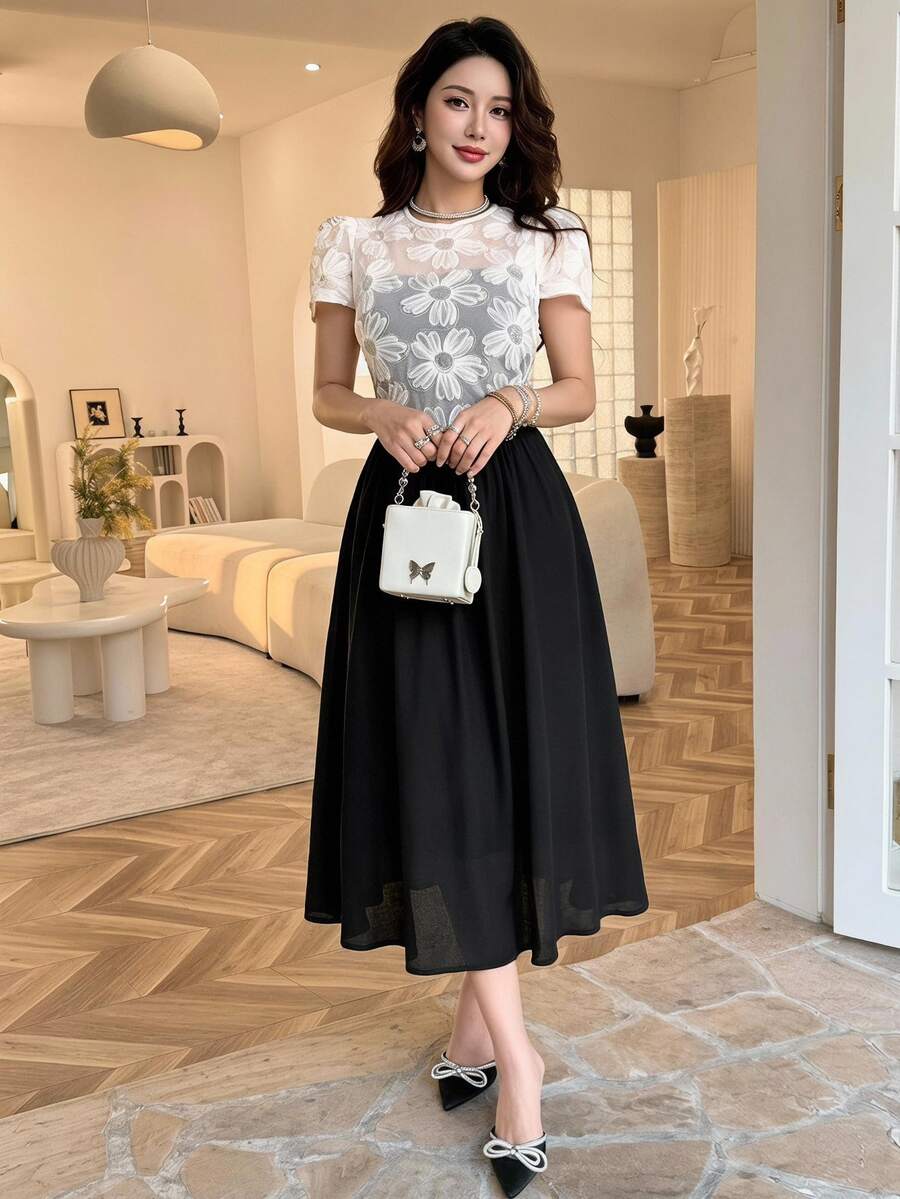 Feyla Elegant Romantic Embroidered Lace Patchwork Women's Dress Date Black And White Summer