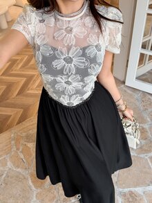 Feyla Elegant Romantic Embroidered Lace Patchwork Women's Dress Date Black And White Summer - Black and White - View 3