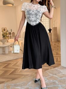 Feyla Elegant Romantic Embroidered Lace Patchwork Women's Dress Date Black And White Summer - Black and White - View 7