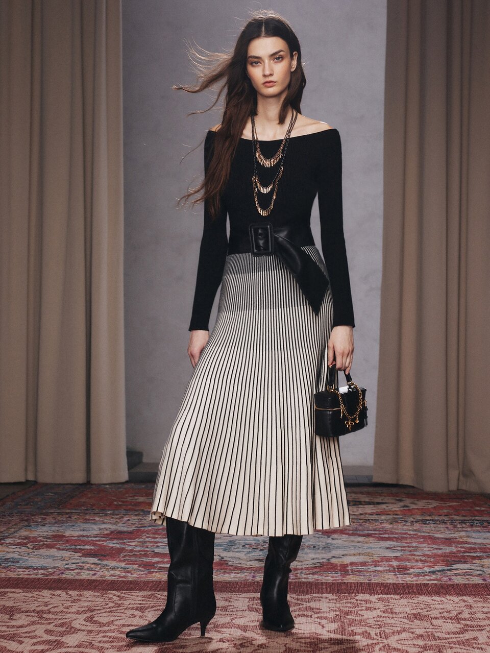 Anewsta Autumn Elegant Elegant Knitted Pleated Patchwork Off-Shoulder Long Sleeve Women's Knit Dress, Autumn, Autumn Season, Winter, Going Out, Elegant, Leisure, Formal, Party