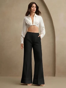 Anewsta Essential Four Seasons Modern Fashion Commute Outfits Elegant High Waist Cuffed Hem Straight Leg Suit Pants Long Pants, Suitable For Commute, Daily Wear, Dates - Black - View 3