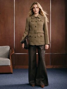 Anewsta Women's Fall/Winter Elegant Casual Brown Houndstooth Tweed Wool Short Jacket Lapel Button Pocket Vintage For Business Office Party Going Out - Khaki - View 7