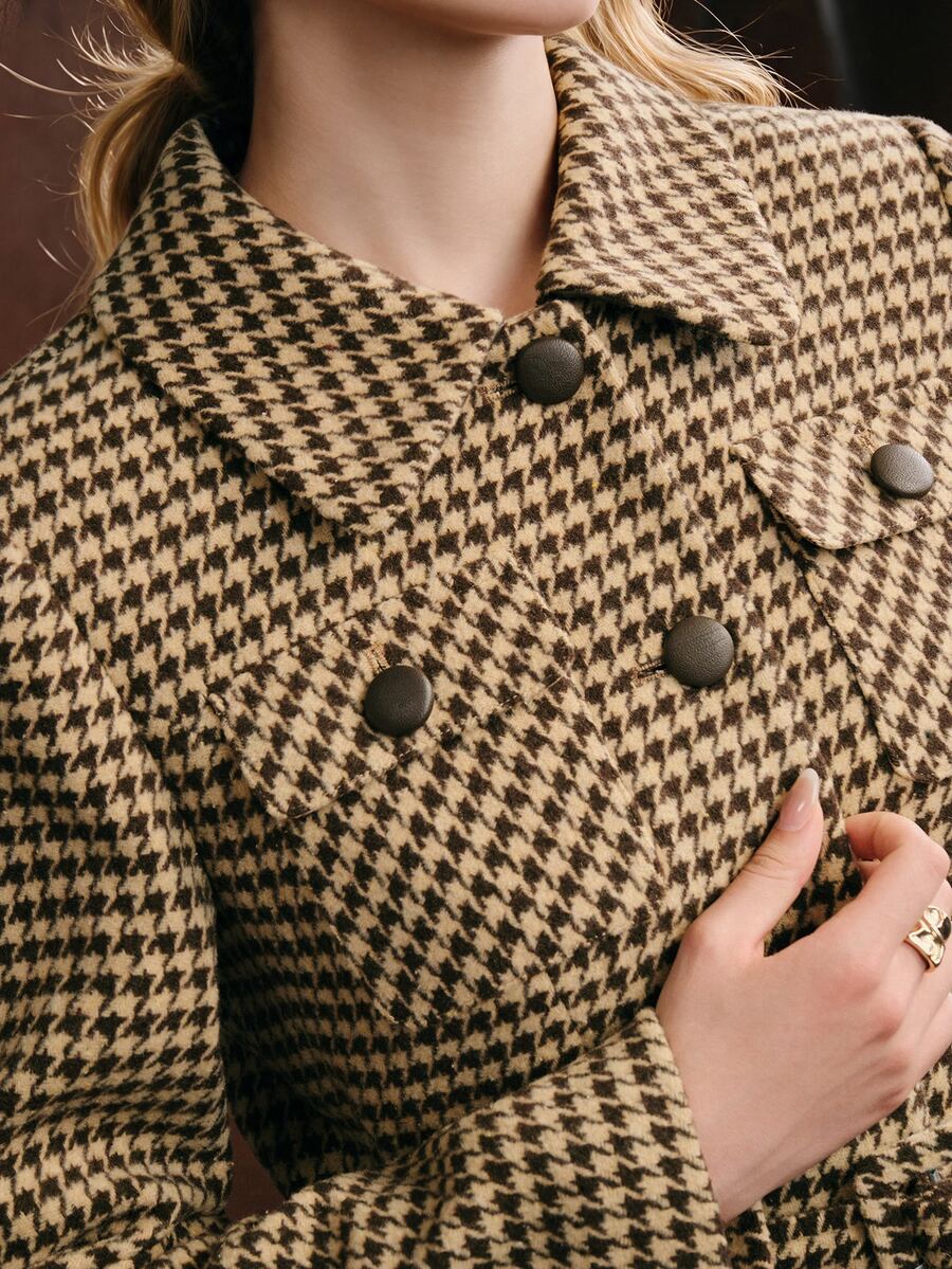 Anewsta Women's Fall/Winter Elegant Casual Brown Houndstooth Tweed Wool Short Jacket Lapel Button Pocket Vintage For Business Office Party Going Out