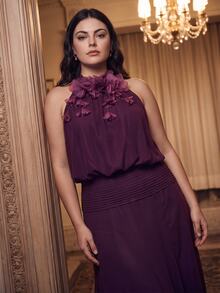 Anewsta Affair Anewsta Spring/Summer New Holiday Party Gathering Halter Neck Sleeveless Detachable Decor Floral Cinched Waist Patchwork Flared Ruffle Hem Romantic Plus Size Women Long Dress - Purple - View 2
