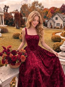 SHEIN MOD 女款花卉方領無袖長版酒紅天鵝絨可愛優雅洋裝，適合派對、婚禮賓客、聖誕節、返校舞會、秋季穿著 - 酒紅色 - 查看 8