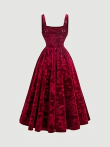 SHEIN MOD 女款花卉方領無袖長版酒紅天鵝絨可愛優雅洋裝，適合派對、婚禮賓客、聖誕節、返校舞會、秋季穿著 - 酒紅色 - 查看 2