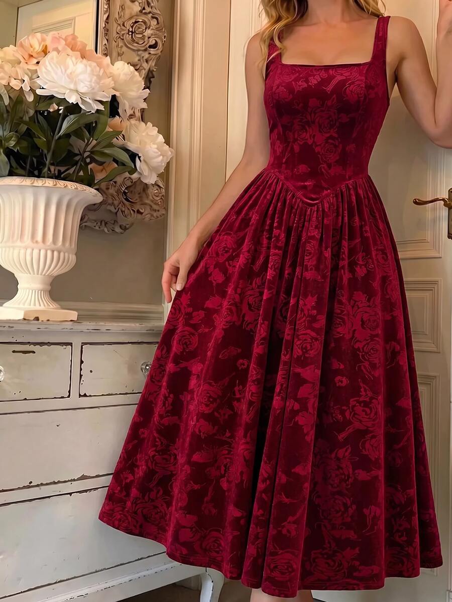 SHEIN MOD 女款花卉方領無袖長版酒紅天鵝絨可愛優雅洋裝,適合派對、婚禮賓客、聖誕節、返校舞會、秋季穿著 - 酒紅色 - 查看 1