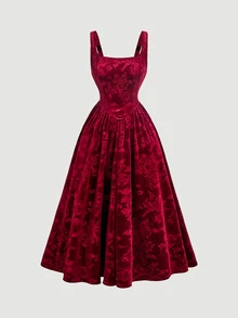 SHEIN MOD 女款花卉方領無袖長版酒紅天鵝絨可愛優雅洋裝，適合派對、婚禮賓客、聖誕節、返校舞會、秋季穿著 - 酒紅色 - 查看 7