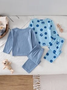 4pcs Set Piyama Bayi Laki-laki Nyaman Lembut Abu-abu Biru Bergaris Motif Beruang Teddy dengan Cetakan Seluruh Permukaan dan Dekorasi Telinga 3D, Leher Bulat, Lengan Panjang, dan Celana - Biru - View 2