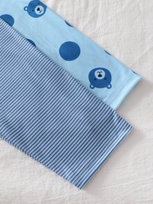 4pcs Set Piyama Bayi Laki-laki Nyaman Lembut Abu-abu Biru Bergaris Motif Beruang Teddy dengan Cetakan Seluruh Permukaan dan Dekorasi Telinga 3D, Leher Bulat, Lengan Panjang, dan Celana - Biru - View 5