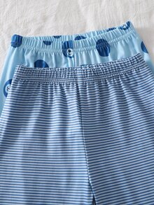 4pcs Set Piyama Bayi Laki-laki Nyaman Lembut Abu-abu Biru Bergaris Motif Beruang Teddy dengan Cetakan Seluruh Permukaan dan Dekorasi Telinga 3D, Leher Bulat, Lengan Panjang, dan Celana - Biru - View 6