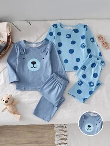 4pcs Set Piyama Bayi Laki-laki Nyaman Lembut Abu-abu Biru Bergaris Motif Beruang Teddy dengan Cetakan Seluruh Permukaan dan Dekorasi Telinga 3D, Leher Bulat, Lengan Panjang, dan Celana - Biru - View 3