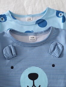 4pcs Set Piyama Bayi Laki-laki Nyaman Lembut Abu-abu Biru Bergaris Motif Beruang Teddy dengan Cetakan Seluruh Permukaan dan Dekorasi Telinga 3D, Leher Bulat, Lengan Panjang, dan Celana - Biru - View 4