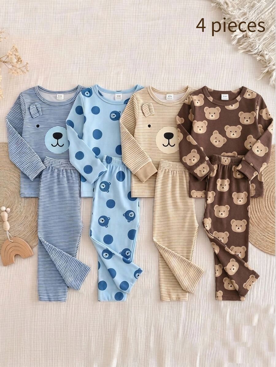 4pcs Set Piyama Bayi Laki-laki Nyaman Lembut Abu-abu Biru Bergaris Motif Beruang Teddy dengan Cetakan Seluruh Permukaan dan Dekorasi Telinga 3D, Leher Bulat, Lengan Panjang, dan Celana - Biru - View 1