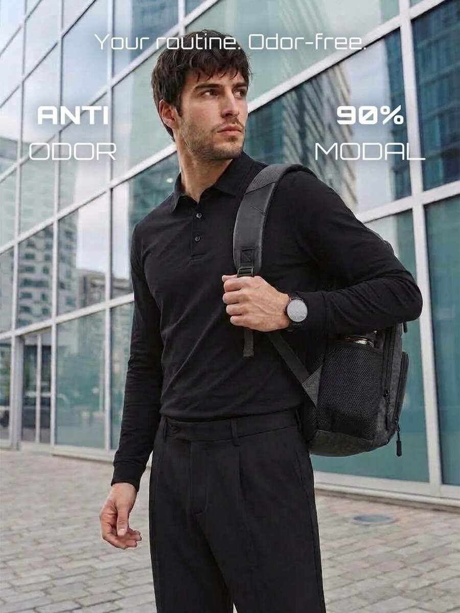 TekDrob Double Anti-Odor & Water Repellent Polo Shirt With Long Sleeves And Slim Fit - Black - View 1
