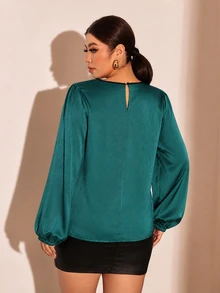 Cravure Green Plus Size Shirt With Lace Trim Design - Dark Green - View 2