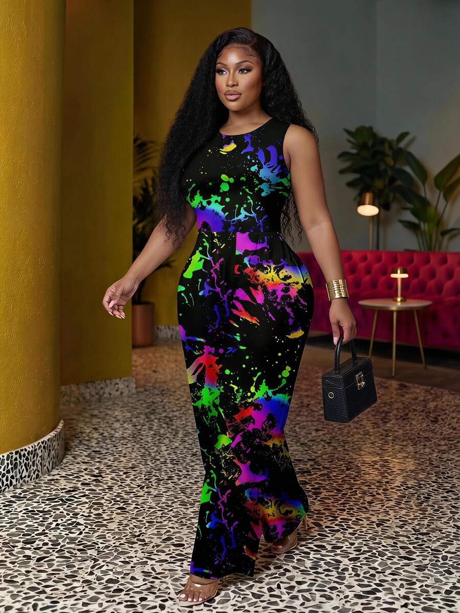 Veslaya Casual And Simple Plus Size Jumpsuit With Colorful Patterns, Suitable For Summer Suitable For Going Out