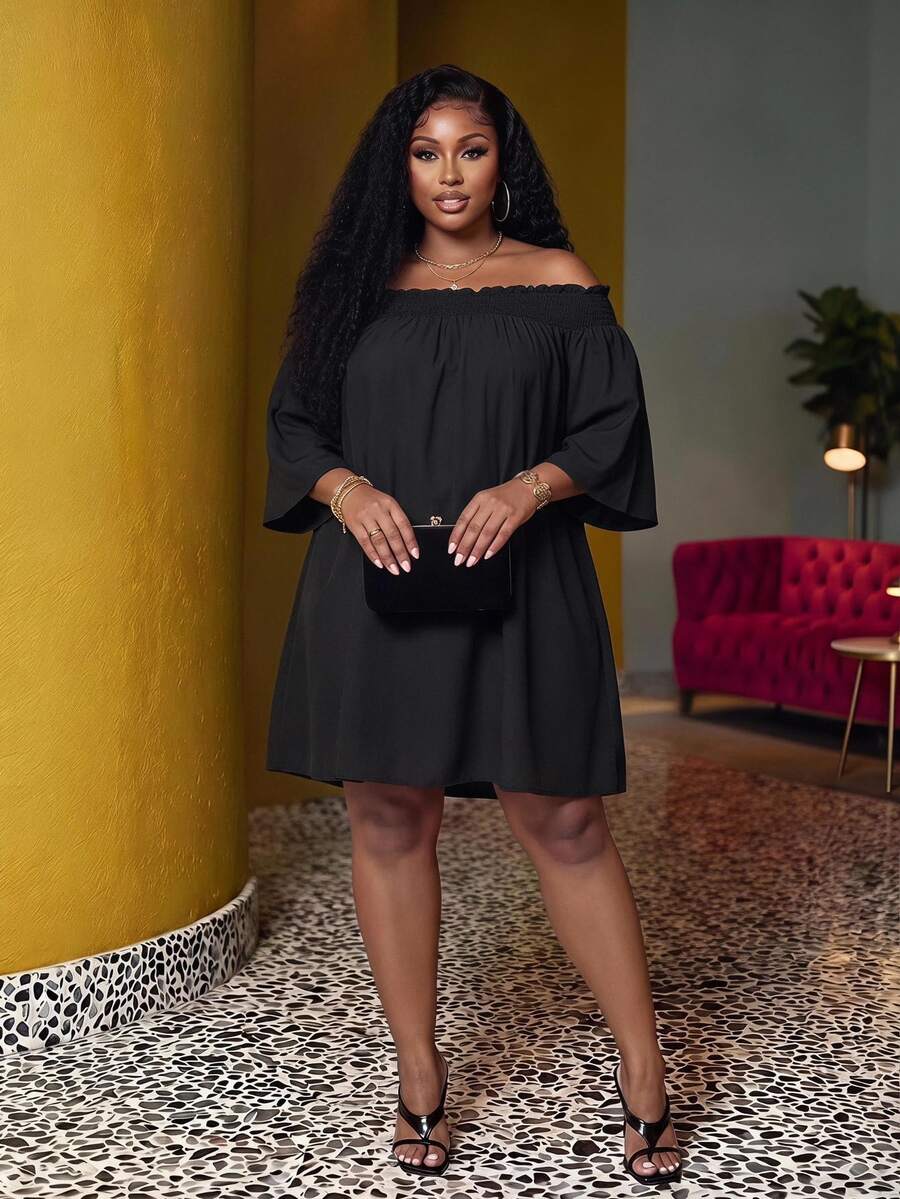 Veslaya Plus Size Women's Off-Shoulder Elegant Commute & Vacation A-Line Dress Fall - Black - View 1