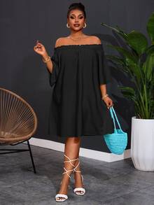 Veslaya Plus Size Women's Off-Shoulder Elegant Commute & Vacation A-Line Dress Fall - Black - View 5