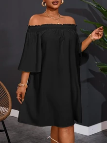 Veslaya Plus Size Women's Off-Shoulder Elegant Commute & Vacation A-Line Dress Fall - Black - View 6