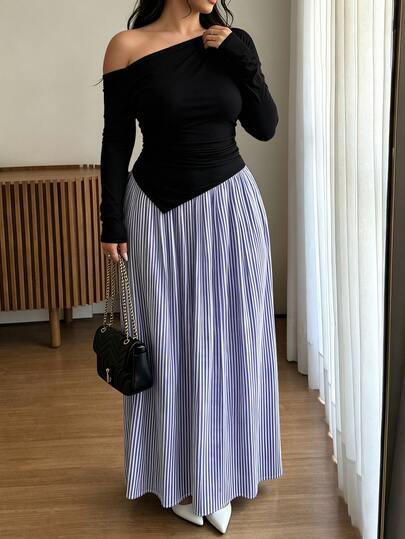 Elenzga Women Plus Size Elegant Commuter Asymmetrical Shoulder Long Sleeve Striped Pleated Dress, Waist-Cinching Slimming Sophisticated Mature Style Date Dress